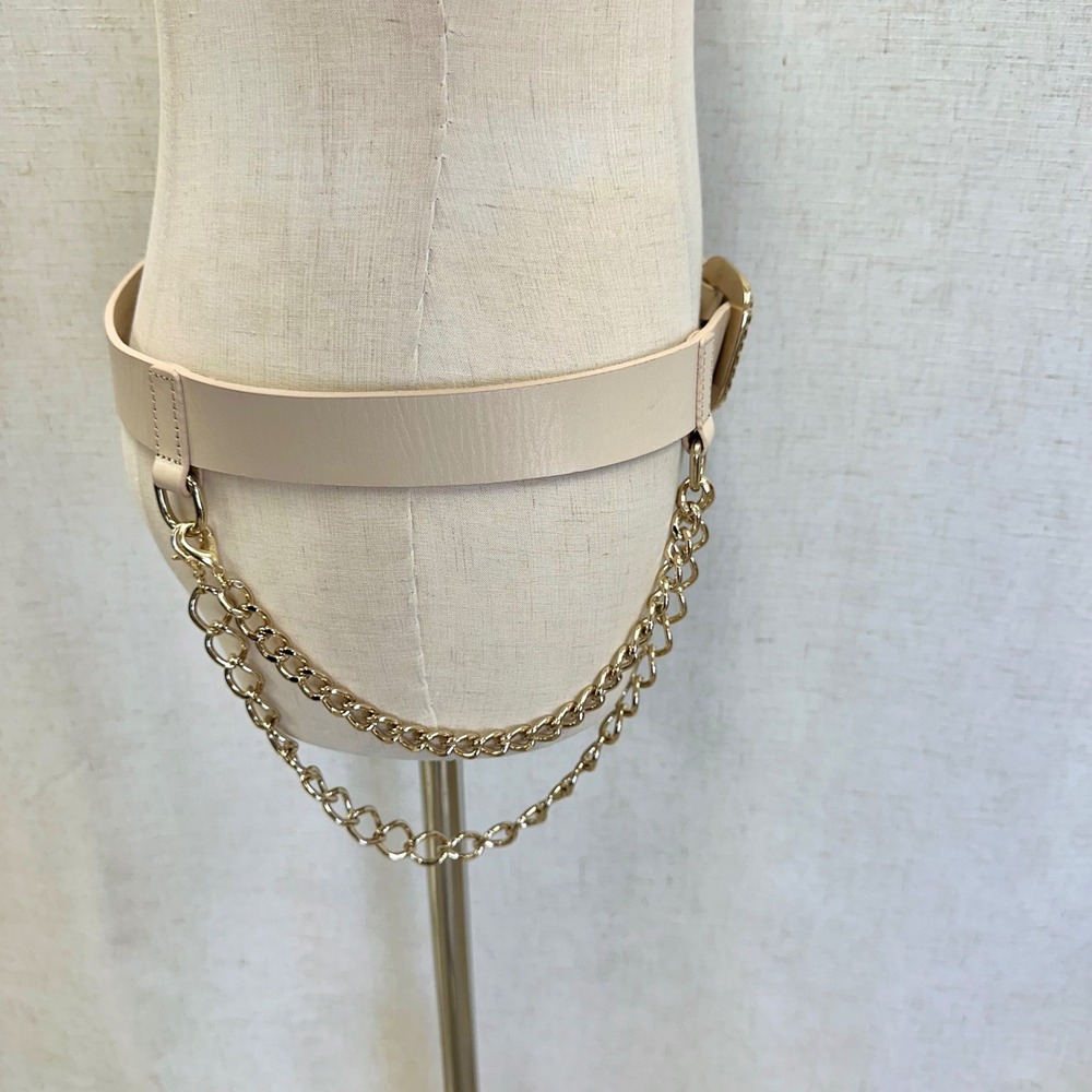 Beige Genuine Leather Chain Belt Gold Tone Buckle Women's Size S/M - Picture 6 of 13